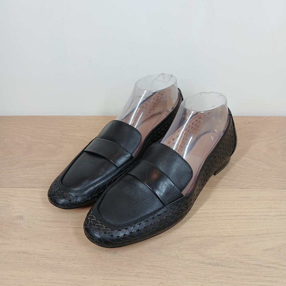 Alex Marie Penny Loafer Women 8M Black Leather Woven Laser Cut Flat Shoes